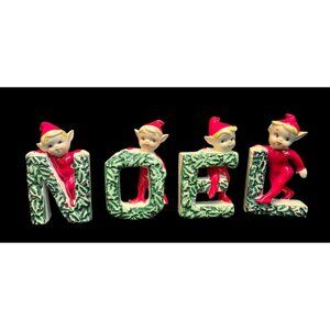Vintage MCM Pixie Elf Holly NOEL Christmas Figurines Collectible Holiday Japan